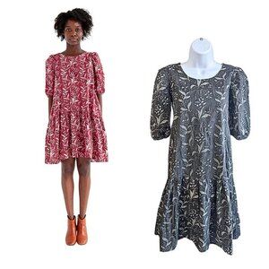 NWT MATTA Kenia Dadra Ghat Blue 100% Organic Cotton Smock Puff Mini Dress Sz XS